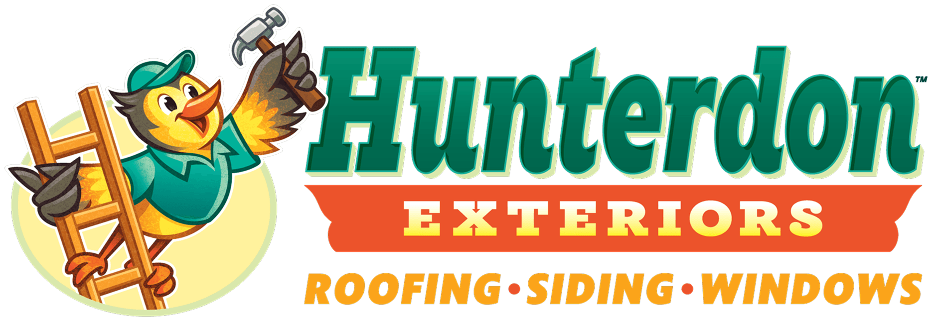 Hunterdon Exteriors logo featuring a cartoon woodpecker with hammer and ladder, offering roofing, siding, and windows services