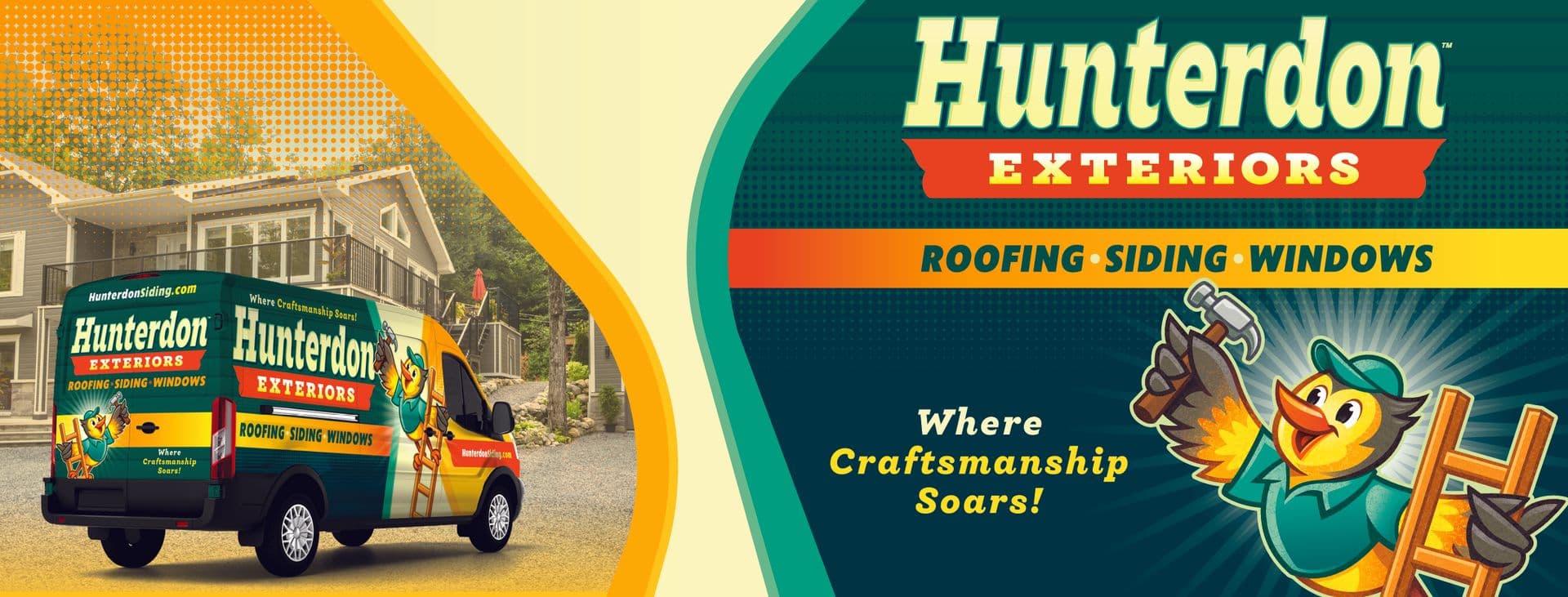 Hunterdon Exteriors service vans parked in front of house, with company logo and slogan "Where Craftsmanship Soars" featuring cartoon woodpecker mascot
